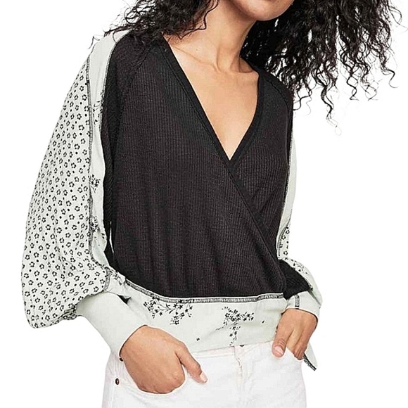 Free People Auxton Wrap Top Black Green Thermal Balloon Sleeve Blouse Women's M - Picture 1 of 7